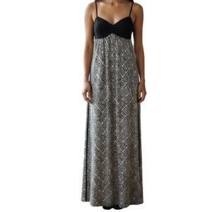 VOLCOM Playa Maxi Dress Open Back Black White Print Fit Bodice Beachy Boho XS